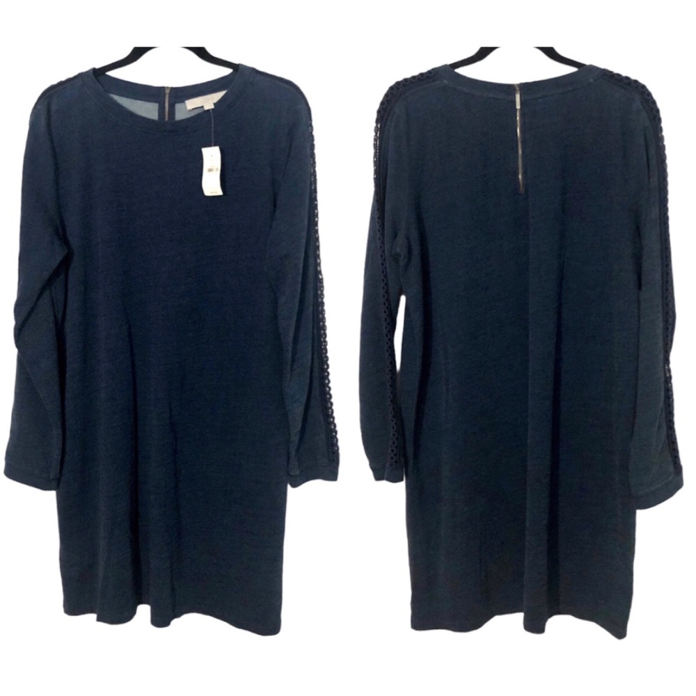 Anne Taylor LOFT 100% Cotton Dark Blue Crochet Long Sleeve Knit Shift Dress